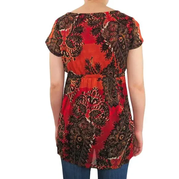 Axcess Y2K Orange Red Retro Floral Paisley Butterfly Babydoll Blouse Small - Picture 2 of 6